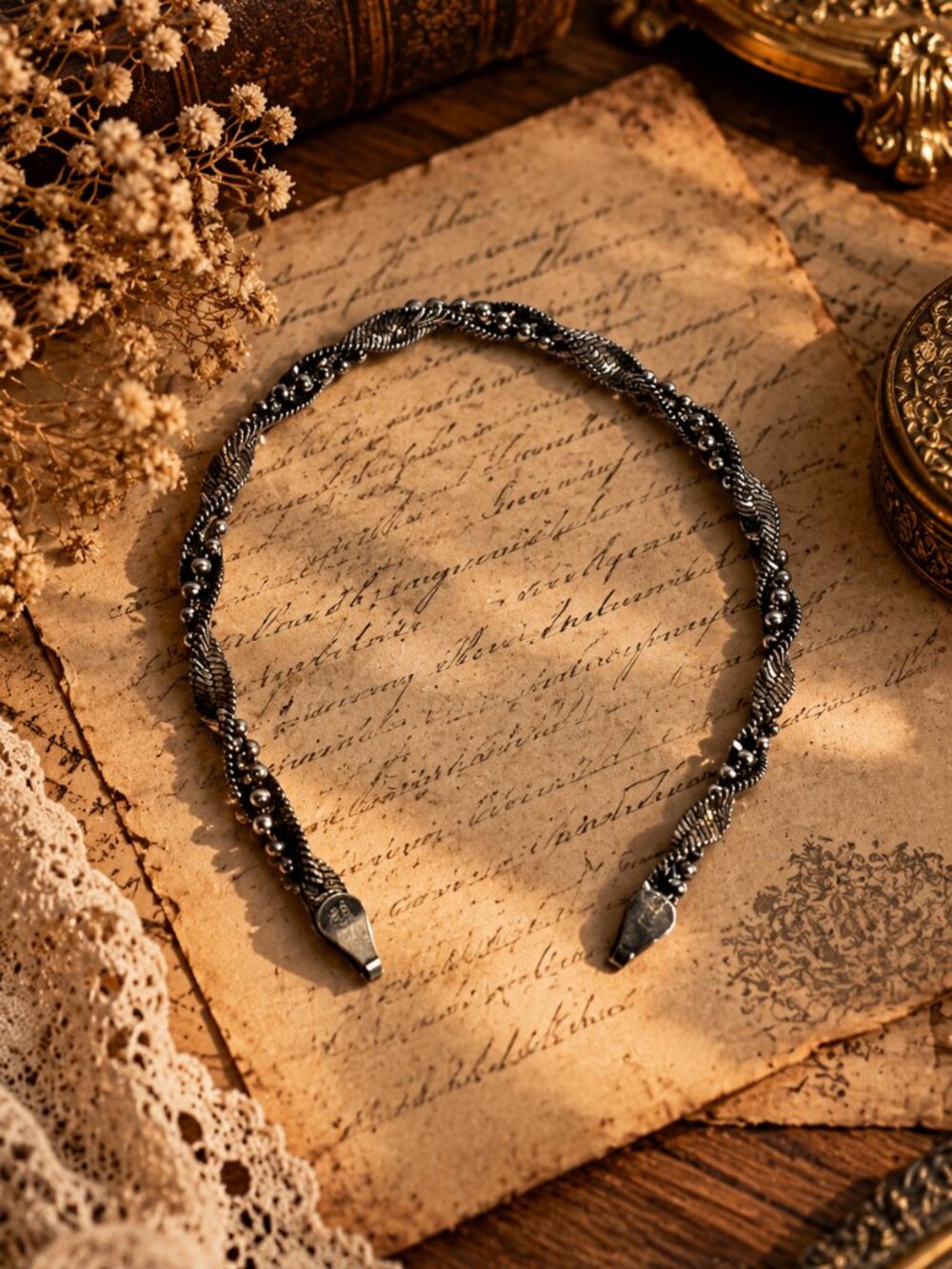 Title: Vintage 925 Sterling Silver Woven Beaded Necklace – Textured Statement Je